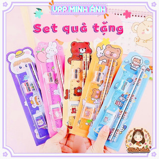 Bộ đồ dùng học tập 5 món (bút chì + thước kẻ + tẩy + gọt chì) dễ thương cho bé, phần thưởng cuối năm quà tặng học sinh