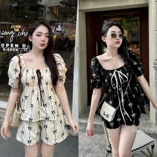 BIGSIZE HIẾU HIẾU (55-95KG) - Set quần áo nữ dạng petlum in nơ Áo cổ vuông tay ngắn + Quần đùi thoải mái