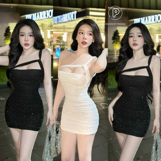 Đầm body lưới đính đá lệch vai ôm dáng sexy