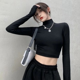 Áo croptop tay dài cổ lọ nữ ôm body đẹp,Áo thun gân tay dài