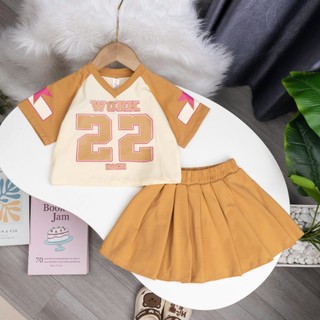 Sét váy bé gái 20kg- 50kg chân váy cotton xếp ly kết hợp với áo thun cổ tim