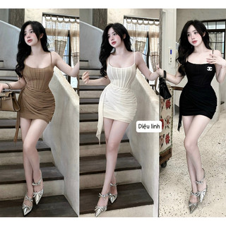 Đầm body lưới 2 dây phối tà nhún eo ôm dáng xinh