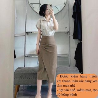  Chân váy tà chéo NH02 - Chân váy cạp cao tà chéo - Chân váy công sở dài qua gối nhún eo che mỡ bụng mềm mát ChenDesign 