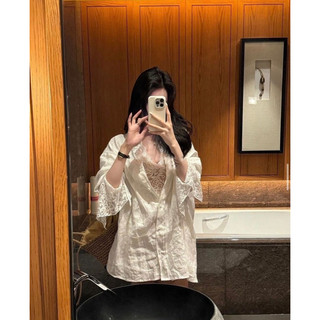 Áo sơmi nữ phối áo Ren dáng dài form rộng sexy, đi biển Lilis Room