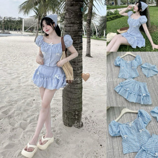 Set Đồ Nữ Kẻ Caro Xanh Đính Nơ Áo Cổ Vuông Tay Ngắn Mix Chân Váy Xoè Viền Bèo Lưng Chun Kèm Khăn Tuban