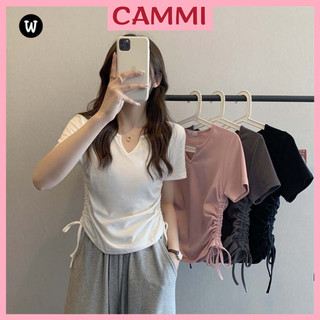 Áo croptop rút sườn dáng ôm body vổ xẻ V cách điệu,áo thun nữ chất thun tăm co dãn thoáng mát SA74