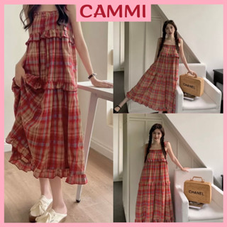 Váy 2 dây babydoll kẻ caro đỏ thắt nơ vai,váy xuông mãi vintage dáng xoè dài bánh bèo tiểu thư SV14