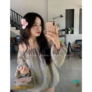 [New] Áo trễ vai 2 lớp kẻ hot ,Áo sọc trễ vai dáng dài sang chảnh LanuShop