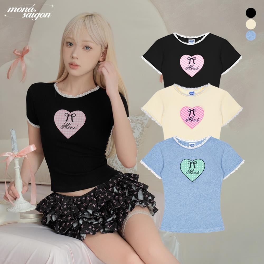 Áo thun nữ dáng ôm thun cotton nhung phối ren thêu trái tim MONÁ - HEARTY