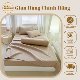 Bộ chăn ga gối đũi trần bông dày dặn, chất vải đũi mềm nhẹ trần thêu tỉ mỉ bộ 5 món