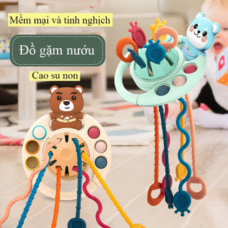 Đồ chơi gấu rút dây cho bé gặm nướu silicon kết hợp vận động tinh giáo dục sớm montessori,đồ chơi dây kéo cầm tay cho bé