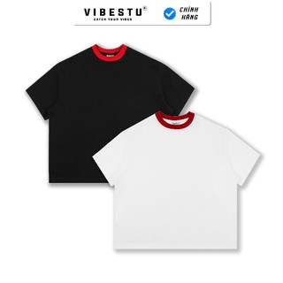 Áo Thun Trơn Cổ Đỏ Local Brand VIBESTU , Áo Thun Boxy Form Rộng Unisex 250Gsm 100% Cotton