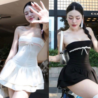 Đầm ống phối nơ 🫶🫶10ca (Kèm Quần) Đầm Ống Cúp Ngực  Viền Ren Đính Nơ
