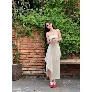 Lillie | set váy linen xẻ tà hoạ tiết sọc