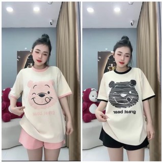 Set bộ áo thun nữ form rộng tay lỡ + quần short ống rộng gấu bear