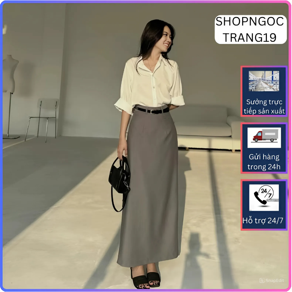  Chân Váy Chữ A Suông Dáng Dài 90cm Phối Đai Da Thiết Kế Túi Giả Phía Sau_Chất Chéo Nhật_SHOPNGOCTRANG19_CV146 