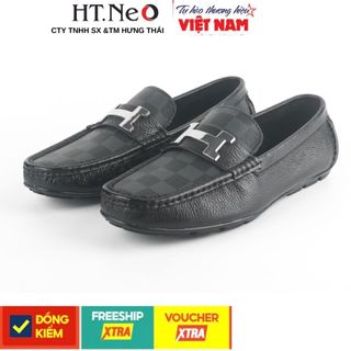 Giày mọi nam HT.NEO da bò nguyên miếng cực bền, họa tiết kẻ ô vuông, khuy chữ H sang trọng  GM185-1