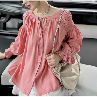 [SHOPPUMI] Set áo hồng cổ thuyền cột nơ tay dài kèm váy trắng khoá kéo SM Pumi 16014