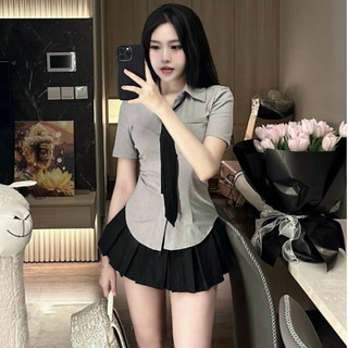  S69 Set Áo Sơ Mi Kèm Cà Vạt Mix Cùng Chân Váy Xòe Xếp Ly Hot trend Dolldiva