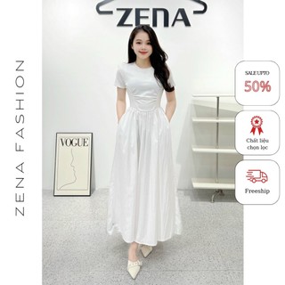 Váy thân cotton dúm eo cổ tròn cộc tay phối chân thô xòe ZENA - 29780