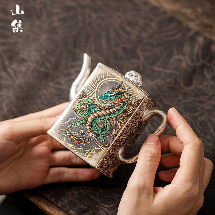 Ấm Sứ Ngọc Cảnh Đức Mạ Bạc Dùng Pha Trà, Dáng Ấm Tứ Phương Họa Tiết Long Phụng 160 ml (Sứ Trắng Bạch