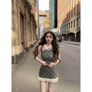 sẵn-Set váy hai mảnh kẻ caro phối ren chân váy cạp cao mix áo yếm thời trang nữ