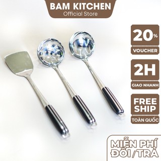 Set Vá đặc Vá lỗ Xẻng đặc inox Bam KITCHEN cán nhựa đen cao cấp siêu bền SCD15F