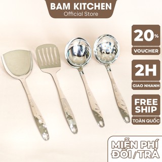 Vá đặc Vá lỗ Xẻng đặc Xẻng lỗ inox Bam KITCHEN cán hoa loại lớn cao cấp siêu bền SCH05F
