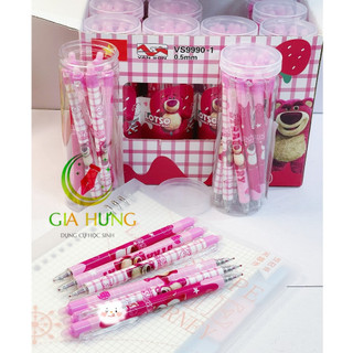 Lon 12 cây bút gel xóa được mẫu gấu dâu hồng cute/ bút gel bấm xóa được màu mực xanh, tím.