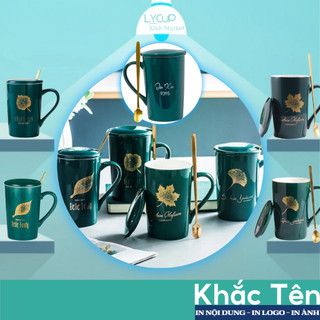 Cốc sứ KHẮC TÊN theo yêu cầu in hình lá phong thuỷ XANH, Ly sứ uống nước SET QUÀ TẶNG người yêu, bạn thân, sinh nhật