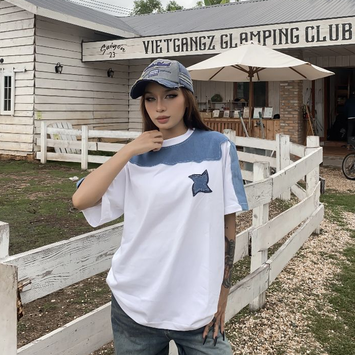 Áo Thun Unisex SAIGONESE Vải Cotton Phối Jean Denim Hoạ Tiết Shuriken Form Rộng Unisex Nam Nữ AT08SG | BigBuy360 - bigbuy360.vn