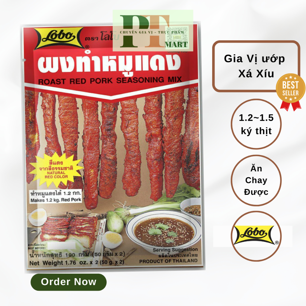 Gia vị Xá Xíu Chay / Mặn gói 100g (50g × 2) hiệu Lobo Thái. ROAST RED PORK SEASONING MIX