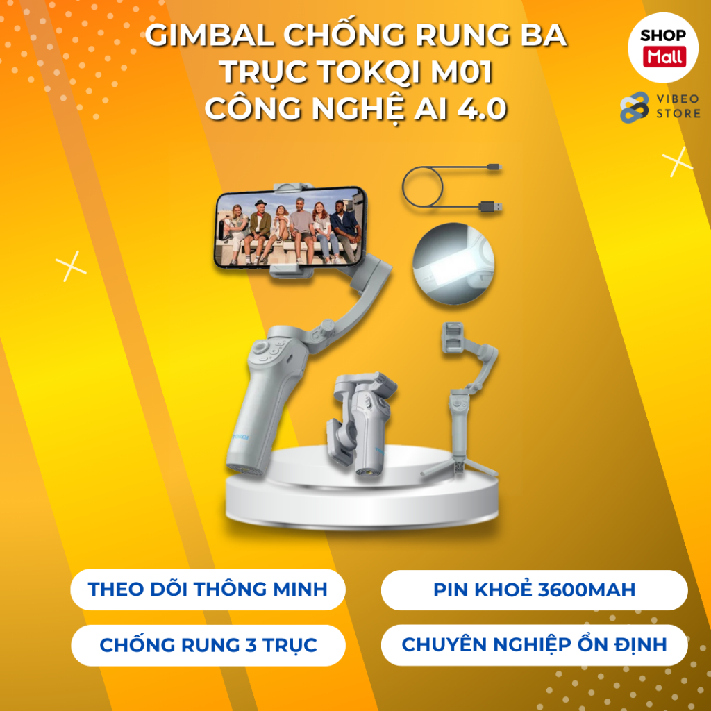 Gimbal điện thoại chống rung 3 trục Vibeo TOKQI M01,Tay cầm gymbal theo dõi khuôn mặt, ổn định, quay