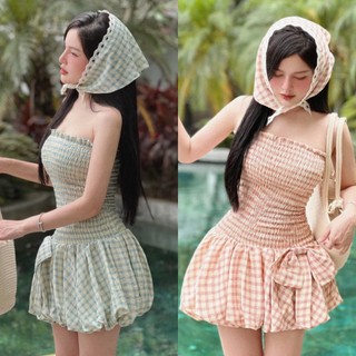 Đầm ống nhún tà bí đính nơ caro kèm khăn trùm đầu xinh xắn đáng yêu Davy Dress Biu Clothing BB0335