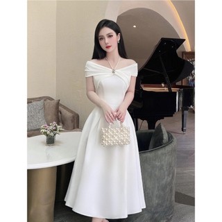 Váy trễ vai dáng dài, Đầm dự tiệc màu trắng sang chảnh, Váy tiểu thư thiết kế dự tiệc