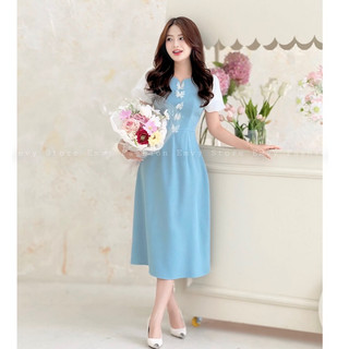 Váy công sở thiết kế cổ đức lịch sự, phối nơ hoa lịch sự Emvy Fashion K143