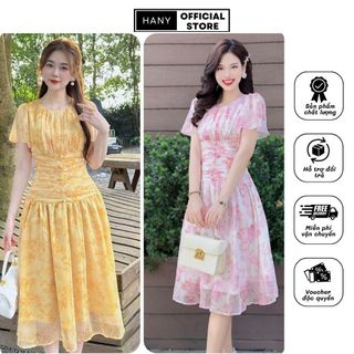 Váy dáng dài ly ngực nhún eo che khuyết điểm bụng tốt, váy tơ hoa 2 lớp, váy du lịch V285