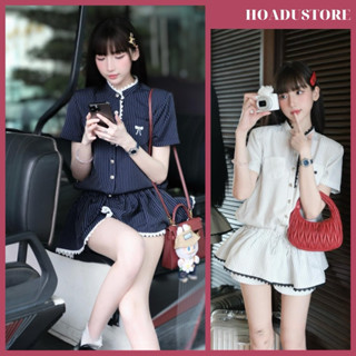   Ảnh sàn+video  Jumsuit Kẻ Sọc Viền Ren Thêu Nơ Rút Dây Bo Eo Chouchou Đi Chơi Đi Tiệc Siêu Xinh 