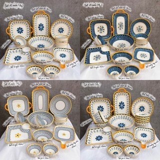 Bộ bát đĩa gốm sứ Decor, Chén dĩa dễ thương Bát ăn cơm Bát chè Bộ chén dĩa hoạ tiết thổ cẩm siêu đẹp