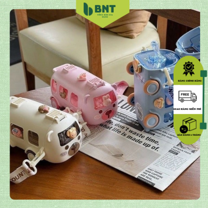 Bình nước xe Bus cho bé tập uống, bình nước hình ô tô bus 500ML cho bé đi học có dây đeo tiện lợi