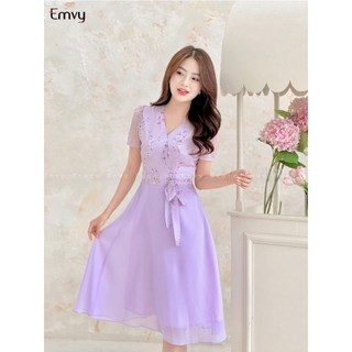 Váy công sở phối tơ lót lụa cao cấp, váy họa tiết hoa nhí sang trọng Emvy Fashion k142