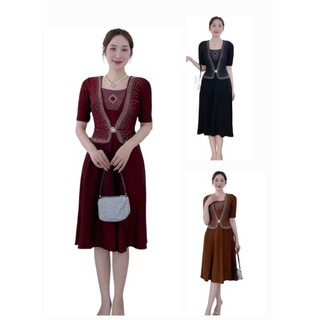 Đầm trung niên dự tiệc áo giả vest che bụng vải nhũ mịn ép đá, Đầm trung niên cho mẹ đi tiệc nhũ ép đá giấu bụng bigsize