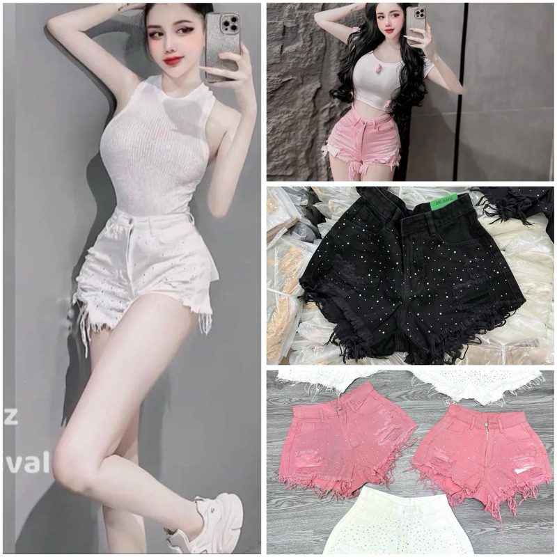 Quần short đùi jean nữ lưng cao đính đá rách tua siêu đẹp C3N