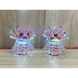 Một đôi đèn thờ pha lê hoa sen nguyên khối, đèn để bàn thờ đổi màu-nhiều kích thước