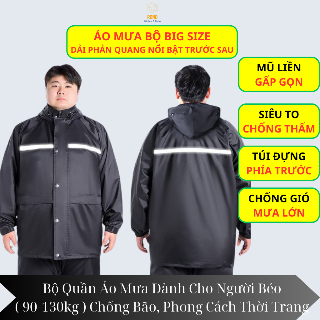 Bộ Quần Áo Mưa Big Size Dành Cho Người Béo, Mập 90-120kg, Có Phản Quang Xe Máy