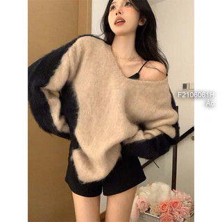 Áo len lông cổ tim phối màu, áo len nữ tay dài viens store