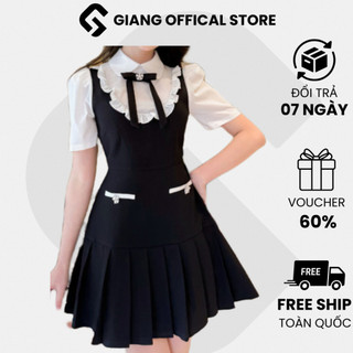 Váy Nữ Công Sở,Váy Tiểu Thư Thiết Kế GIANG OFFICIAL STORE Cổ Đức Dáng Xoè Kèm Nơ Đính Đá Chất Liệu Cao Cấp V984