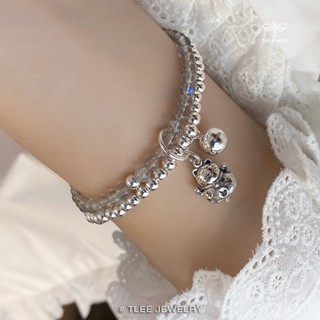 Lắc tay bạc nữ TLEE chuỗi đá hắc nguyệt quang tự nhiên mix chuỗi bi bóng 4mm treo chuông và mèo thần tài TLEE JEWELRY LT