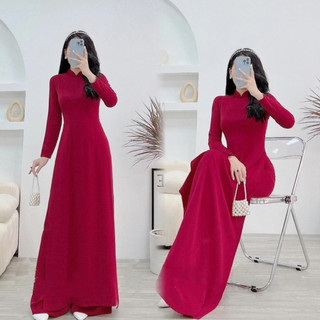 Áo dài trơn lụa Mỹ cao cấp màu đỏ đô cổ cao
