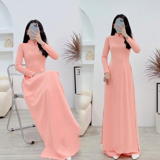 SALE 50%, áo dài lụa Mỹ màu hồng đào cổ cao tay dài